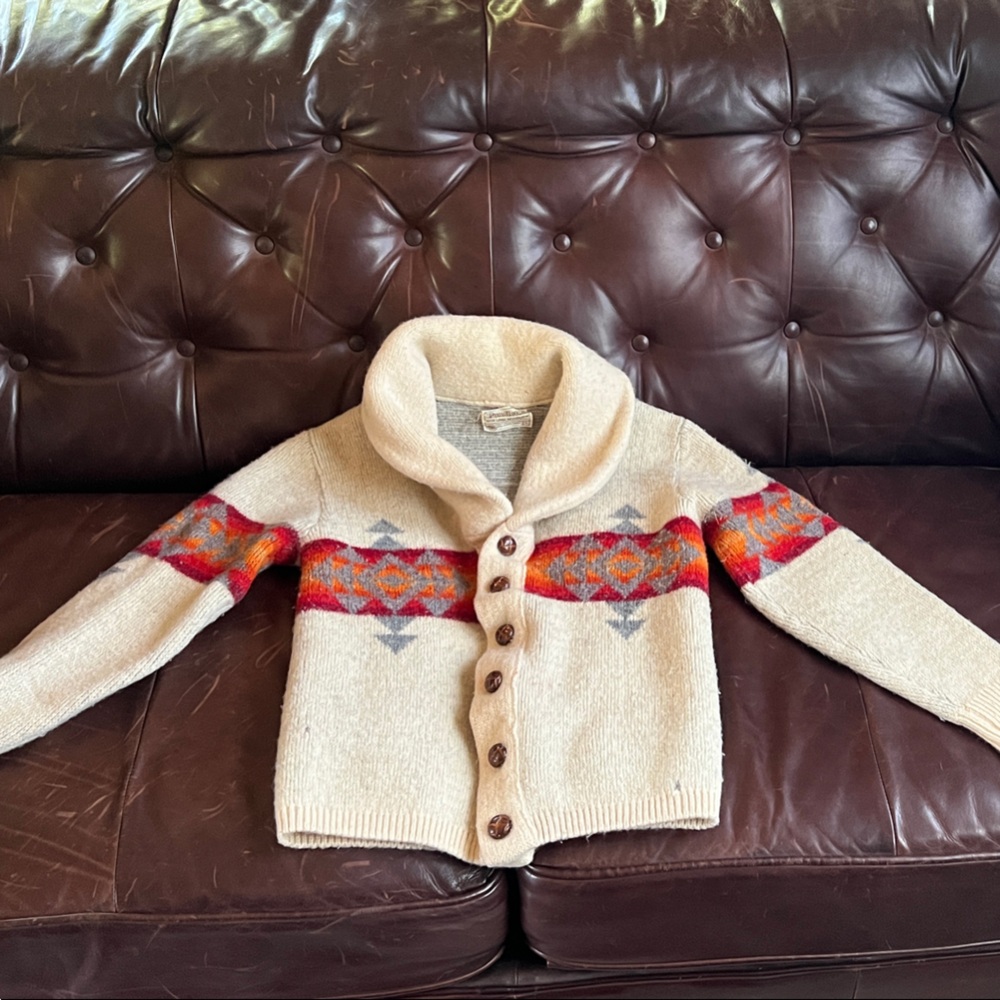 Pendleton Wool Cardigan - Cream with Red and Gray Pattern